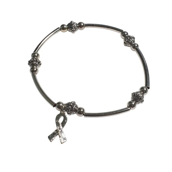 Pink Ribbon Awareness Charm Bracelet Silver Bead Women Stretch Design Jewelry - Picture 3 of 4